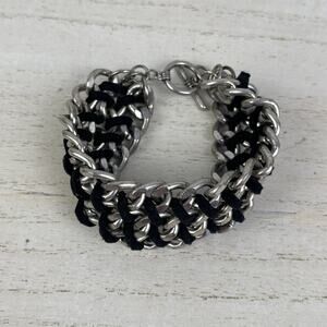 Silver Tone Chain Link Bracelet Black Braided Faux Leather Toggle Clasp NWOT